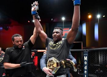 Francis Ngannou of Cameroon reacts after his victory over Stipe Miocic in their UFC heavyweight championship fight at UFC 260 at the Apex on March 27, 2021 in Las Vegas. Credit: Zuffa LLC/Jeff Bottari