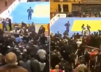 مشاجرة قتالية بين جماهير ولاعبي بطولة جودو بالفيديو